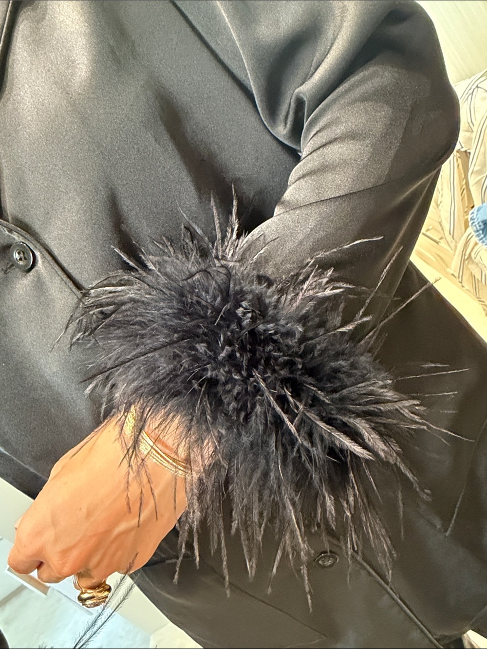 NADINE MERABI Black Feather Trim Pajama-Style Pantsuit - Picture 2 of 6